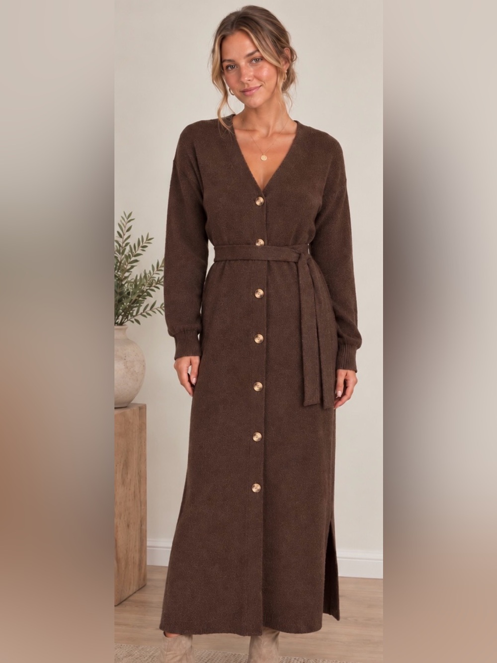ASOS Brown Button-Front Belted Sweater Dress Size 8